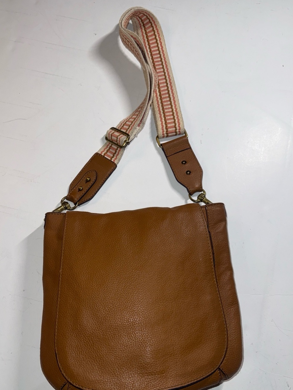 Lucky Brand Tan Leather Crossbody with Striped Canvas Strap